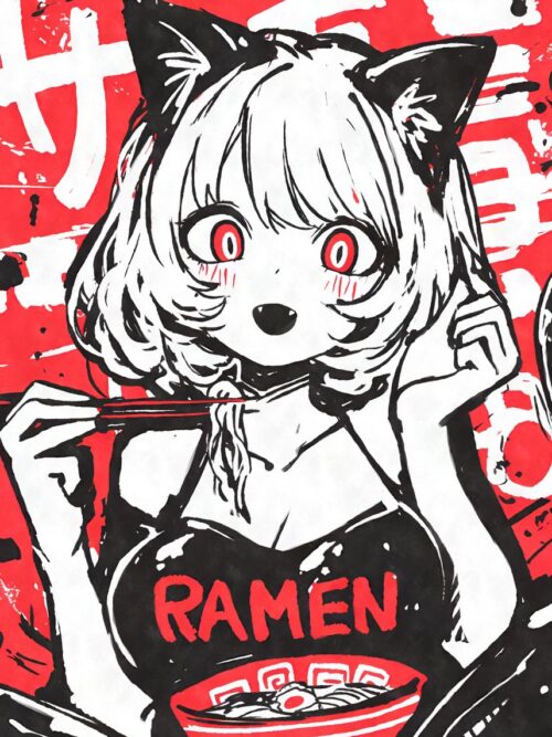 Anime Cat Girl Eating Ramen Poster
