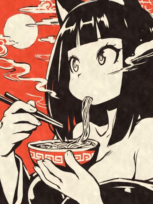Anime Cat Girl Eating Ramen Poster