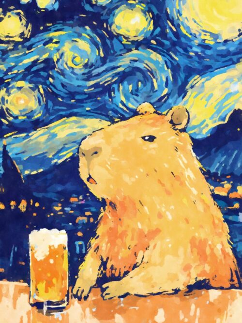 Funny Capybara Beer Starry Night Poster