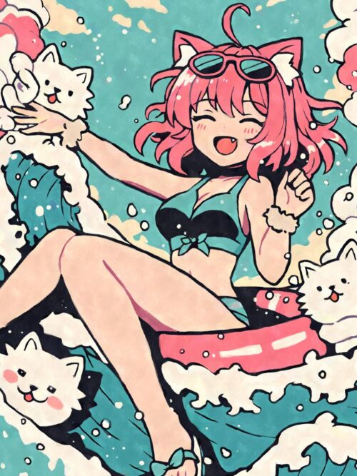 Kawaii Anime Cat Girl Swimming Poster
