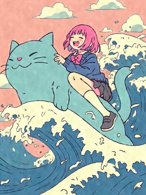 Kawaii Anime Girl Riding Cat Poster