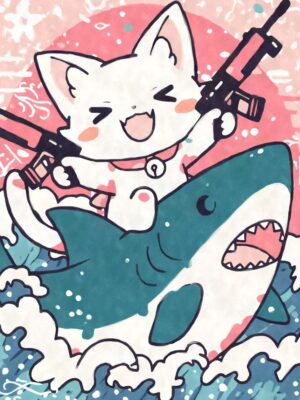 Kawaii Cat Riding Shark With Guns Poster
