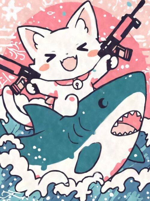 Kawaii Cat Riding Shark With Guns Poster