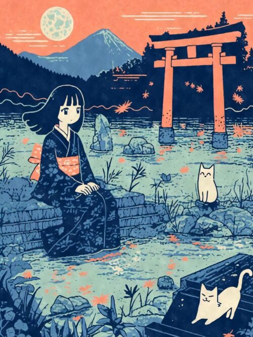 Kimono Girl Torii Lake Cats Poster