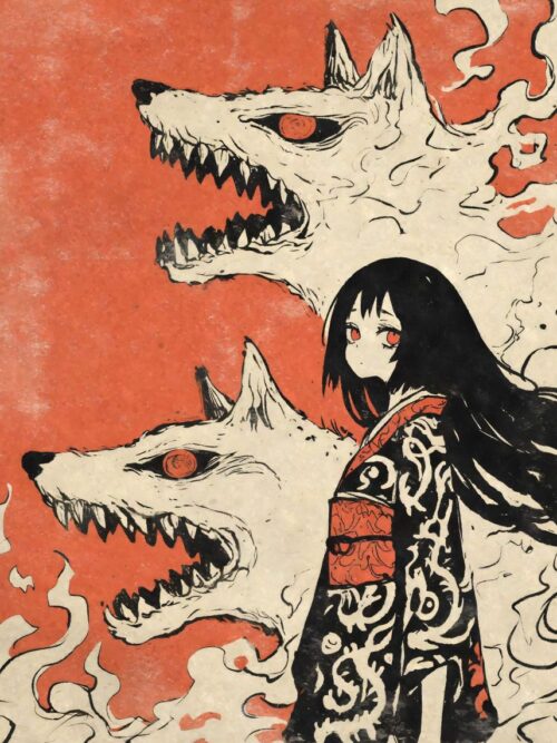 Kimono Girl Wolf Yokai Poster
