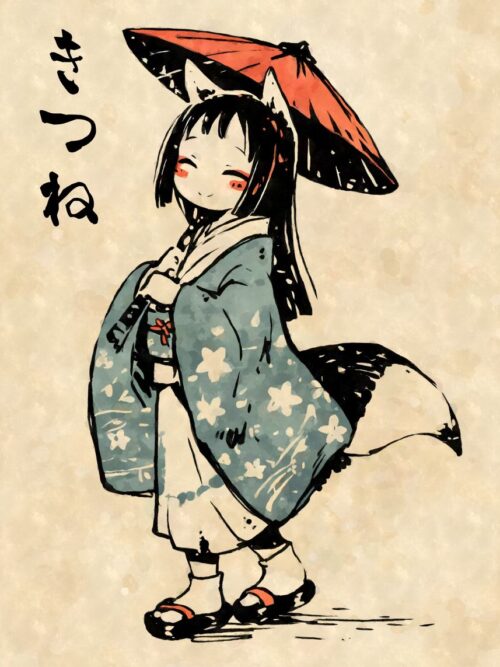 Kitsune Girl In Kimono Yokai Poster