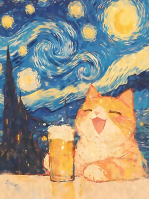 Orange Cat Beer Starry Night Poster