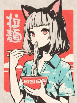 Retro 80s Anime Girl Eating Ramen Poster