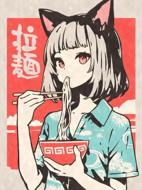 Retro 80s Anime Girl Eating Ramen Poster