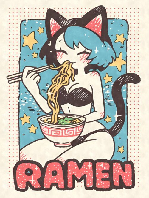 Retro Cat Girl Ramen Poster