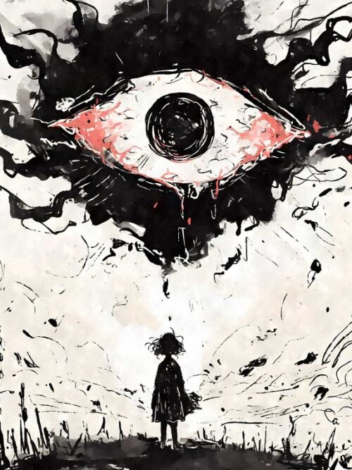 Weirdcore Giant Eye Sky Black Ink Poster