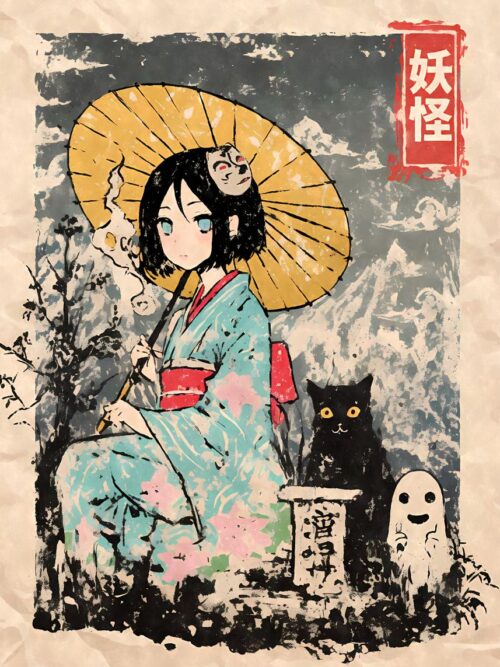 Yokai Geisha With Cat And Ghost Poster