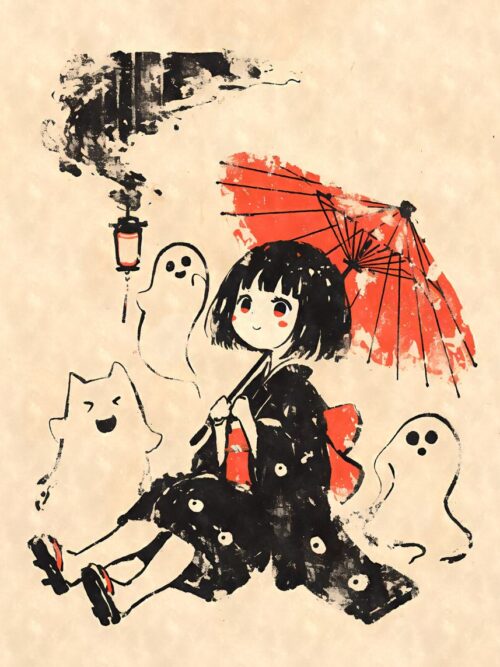 Yokai Girl With Ghosts And Umbrella Poster