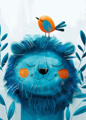 Blue Lion with a bird Kids Room Poster