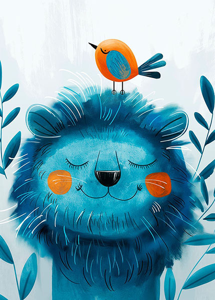 Blue Lion with a bird Kids Room Poster