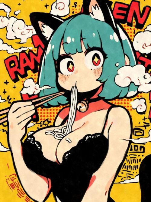 Cat Girl Eating Ramen Noodles Poster