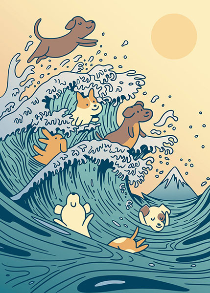 Dogs swimming great wave Kanagawa Japanese Poster