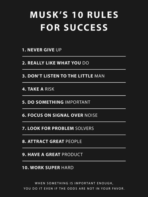 Elon Musk 10 Rules to Success motivational Quote Poster