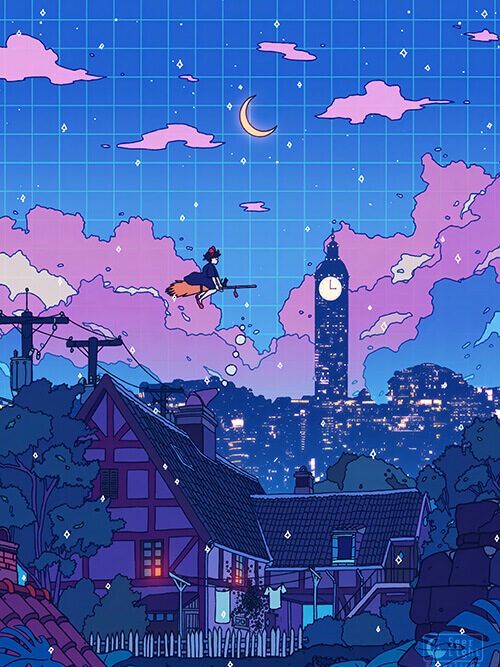 Kikis Night Flight Pop Pastel Poster