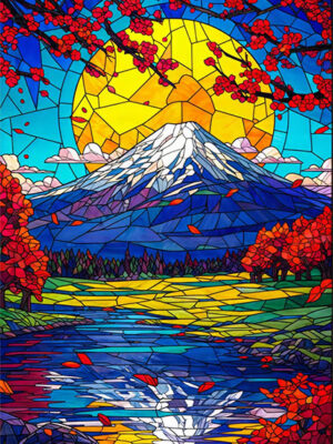Mount Fuji with cherry blossoms and a peaceful reflection in the water Poster
