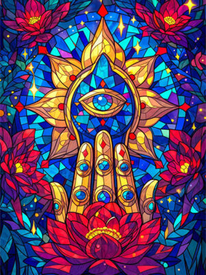Mystical mandala hand with a third eye surrounded by vibrant lotus flowers Poster