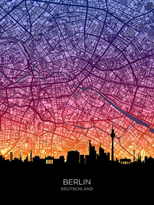 Neon Berlin Skyline Deutschland Maps Poster
