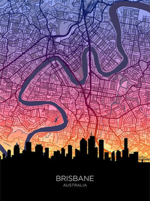 Neon Brisbane Skyline Australia Maps Poster