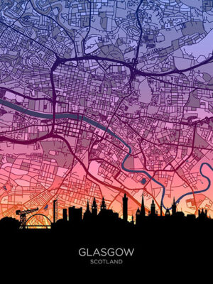 Neon Glasgow Skyline Scotland Maps Poster