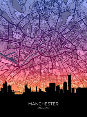 Neon Manchester Skyline England Maps Poster