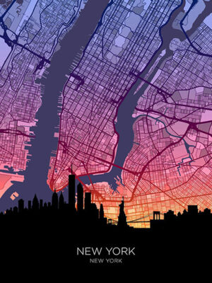 Neon New York Skyline United States of America Maps Poster