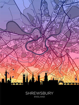 Neon Shrewsbury Skyline England Maps Poster