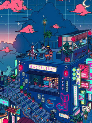 Neon Village City Pop Pastel Poster