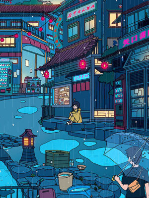 Rainy Day Encounter City Pop Pastel Poster