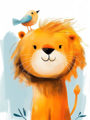 Smiling Lion with a bird Kids Room Poster