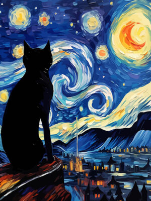 Space Starry Night Cat Painting Poster