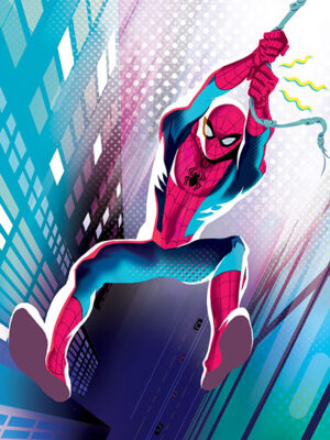 Spider Man swinging in the city comic Poster