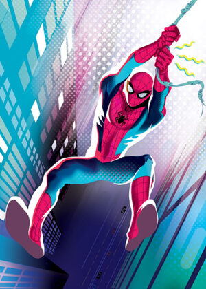 Spider Man swinging in the city comic Poster