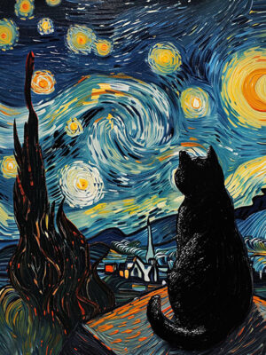 Starry Night Black Cat Painting Poster