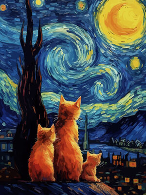 Starry Night Cat Family Painting Poster