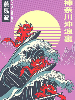 Surfing dragons great wave Poster