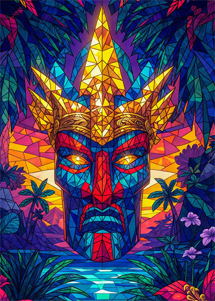 Tribal Totem set in a lush tropical landscape with glowing eyes and exotic plants Poster