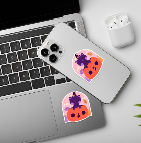 Cat In A Pumpkin Halloween _ Laptop And Mobile Sticker Cat In A Pumpkin Halloween _ Laptop And Mobile Sticker