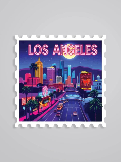 Los Angeles Neon Night Skyline Post Stamp Travels Stickers