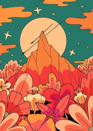 Mountain Moon Flowers Spring Vibes Poster