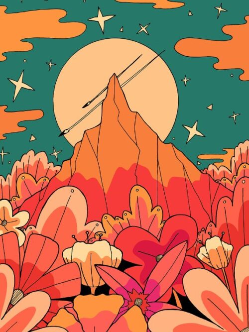 Mountain Moon Flowers Spring Vibes Poster