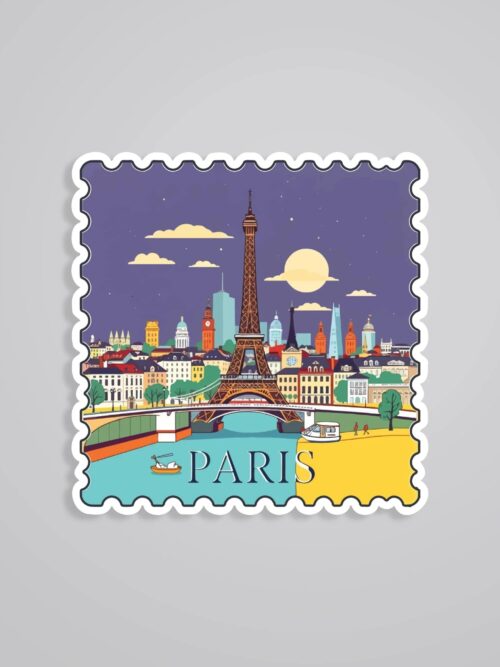 Paris Eiffel Tower Night Skyline Post Stamp Travels Stickers