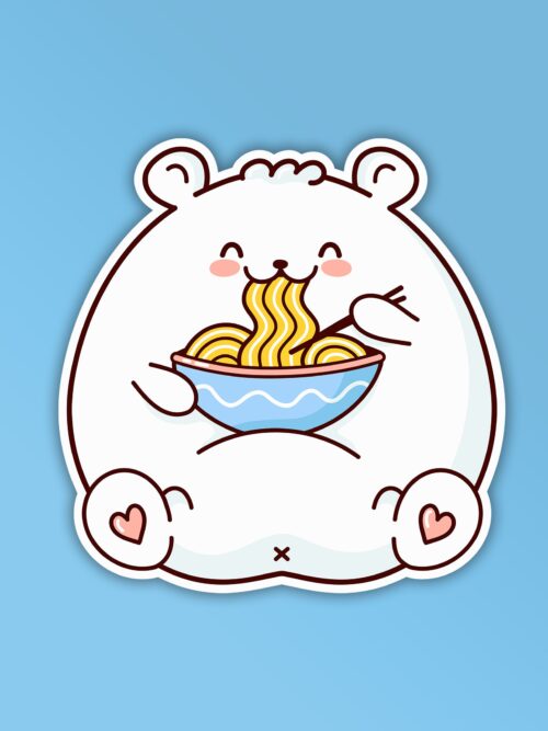 Teddy Eating Noodles   Laptop Mobile Sticker