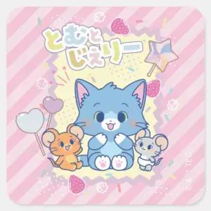 Anime_Tom_and_Jerry_Strawberry_Fun_Square_Sticker_1 Anime Tom And Jerry Strawberry Fun Square Sticker