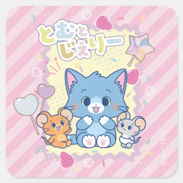 Anime_Tom_and_Jerry_Strawberry_Fun_Square_Sticker_1 Anime Tom And Jerry Strawberry Fun Square Sticker