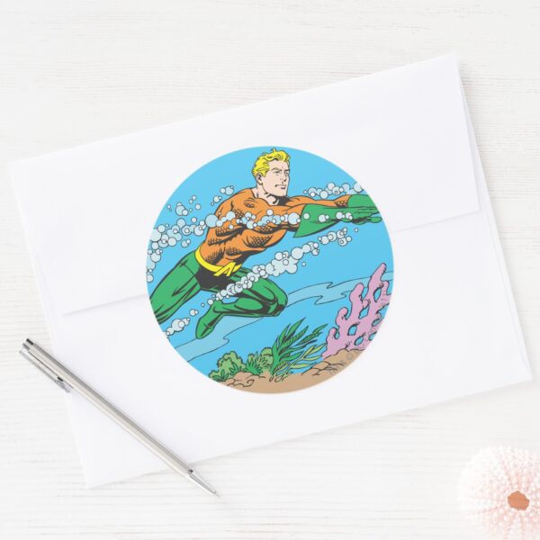 Aquaman_Dashes_Thru_Water_Classic_Round_Sticker_3 Aquaman Dashes Thru Water Classic Round Sticker